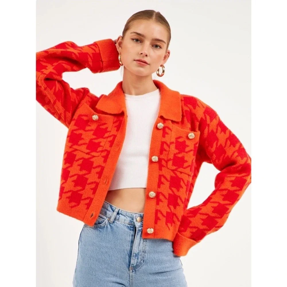 Anthropologie English Factory Houndstooth Cropped Cardigan Sweater Large Org/Red - Picture 10 of 11